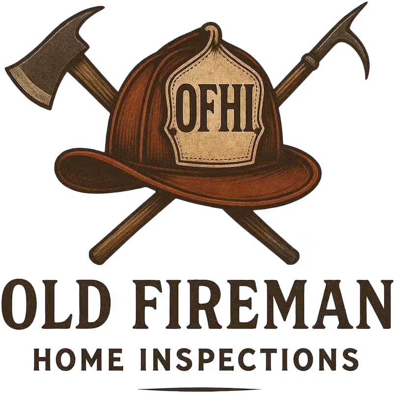 Old Fireman Home Inspections — OFHI badge with firefighter helmet and crossed axes